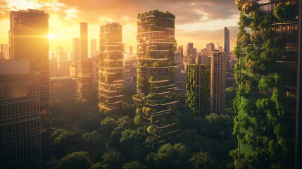 Futuristic Eco-Friendly Cityscape with Vertical Gardens and Solar Panels at Sunset