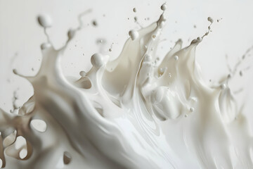 Abstract fluid art, neutral color palette, white background, paint splashes, fluid shapes, dynamic composition