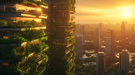 Futuristic Eco-Friendly Cityscape with Vertical Gardens and Solar Panels at Sunset