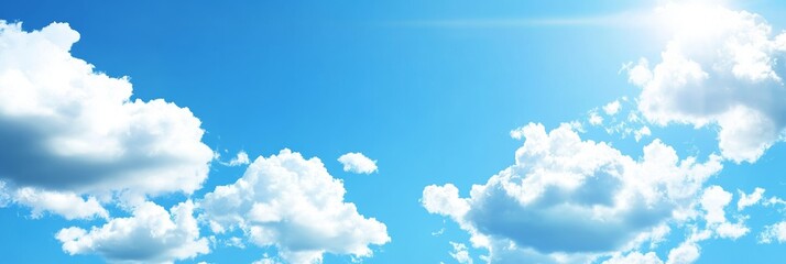 Vivid Blue Sky Panoramic With Fluffy White Clouds, Ideal For Backgrounds And Environmental Concepts