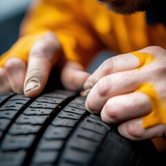 checking a car tire for wear and damage