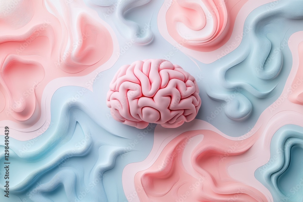 Poster intricate 3d brain model surrounded by soft pastel waves in creative design setting