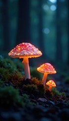 Fototapeta premium Softly glowing luminescent mushrooms in a forest clearing, mental health, fungi, nature