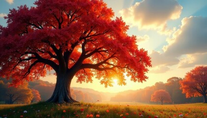 Huge oak, fiery autumn canopy overhead, sunlight filtering , treetop, scenery