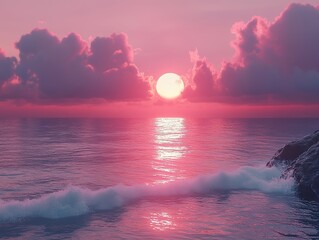 A pinkish-red sunset casting a warm glow over a calm ocean, with soft clouds and gentle waves, evoking feelings of love and tranquility.