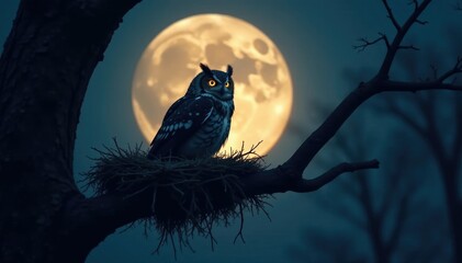 Softly glowing moonlight illuminates an owl's nest on a branch, forest, evening, hooting