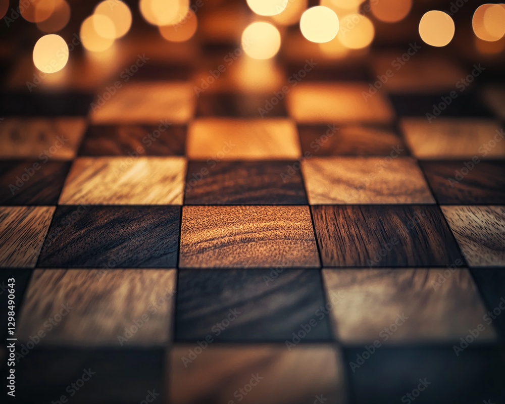 Poster wooden chessboard close-up with blurred bokeh background, showcasing a high-quality and artistic woo