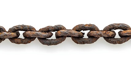Obraz premium A close-up of an old, rusted metal chain with worn links against a white background. Concept Rustic Texture, Industrial Aesthetics, Macro Photography, Worn Metal, Vintage Charm