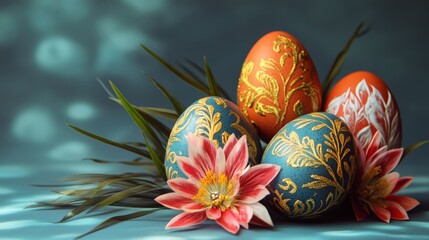 Colorful Easter Eggs with Gold Design and Flowers, Easter Holiday Theme on Blue Background