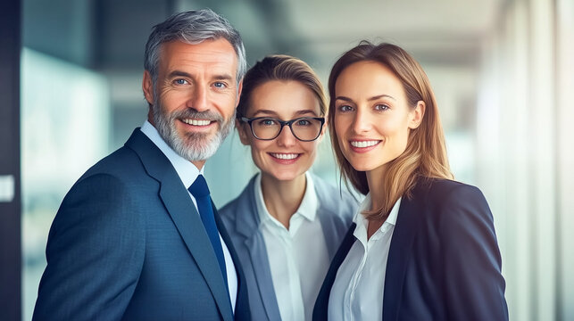 Three confident business professionals in modern office attire stand together, smiling, exuding success, teamwork, and leadership in a corporate environment.