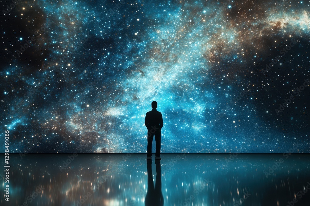 Poster exploring the vastness of the universe in a starry digital projection