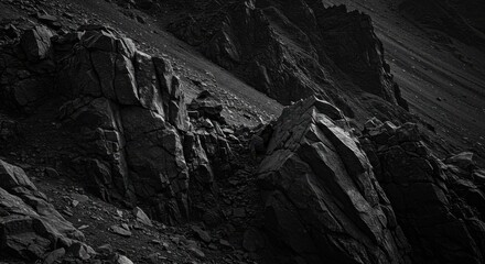 Rugged rocky terrain, jagged stone formations, dark monochromatic landscape, harsh textures, dramatic shadows, high contrast black and white photography