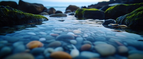 Calm ocean pebbles, sunset coastal scene