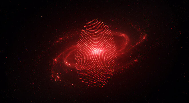A striking abstract representation of a fingerprint with red and black tones that evokes a sense of mystery, identity, and personalization in a digital age.
