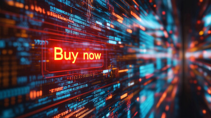 Obraz premium Vibrant digital display with glowing Buy now button, showcasing futuristic shopping experience. Perfect for promotions and online sales