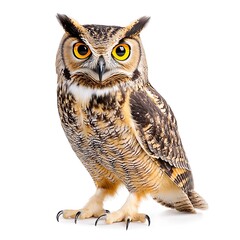 Obraz premium Majestic Great Horned Owl Isolated on White Background