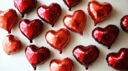 Red heart balloons scattered on white; Valentine's Day background