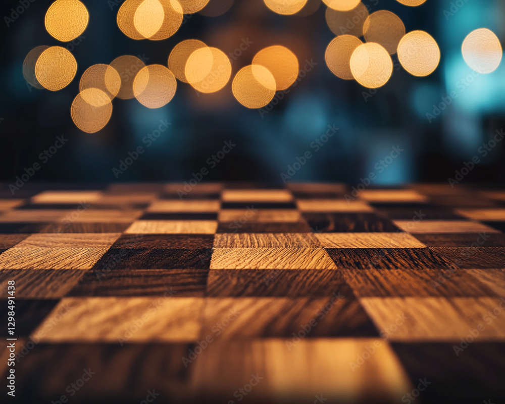 Poster Close-up of a wooden chessboard with a bokeh background, highlighting the rich texture and pattern of the squares. Represents strategy, games, and focus.