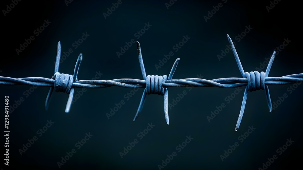 Poster barbed wire against a dark background, featuring sharp points and twists designed for security and c