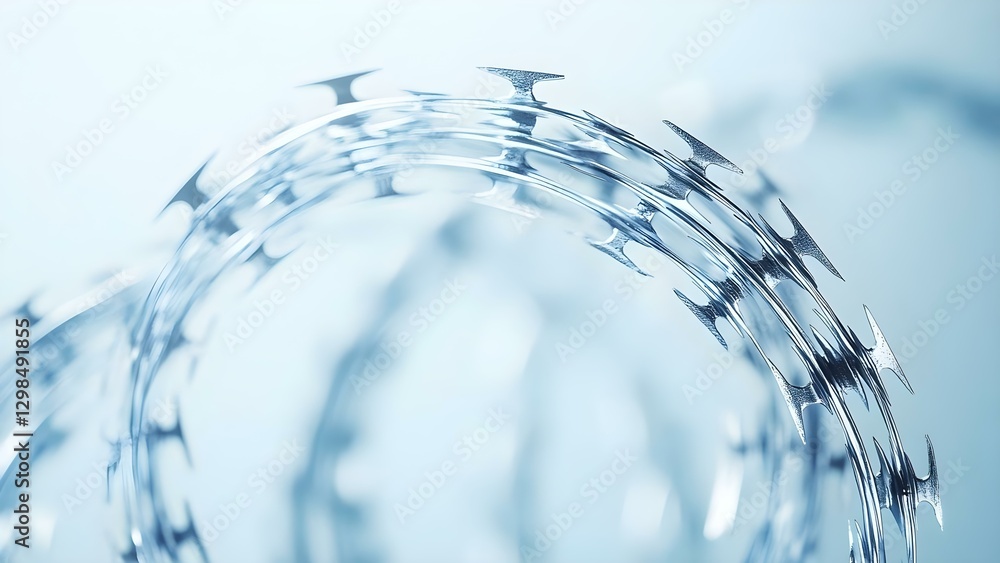 Poster a close-up of barbed wire, featuring sharp points spiraling in a circular pattern against a soft, bl