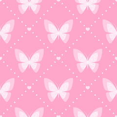 White butterflies, hearts and dots on pink background. Vector seamless pattern. Best for textile, print, wallpapers, and wedding decoration.