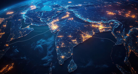 A vibrant representation of South and East Asia glowing at night, highlighting cities and geographic outlines against a dark background