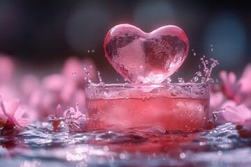 A playful heart-shaped ice cube floating in a drink with a vibrant pink hue, surrounded by playful splashes of water.