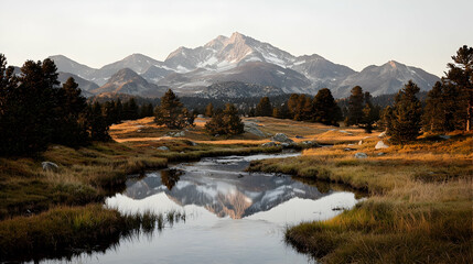 Fototapeta premium Mountain reflection in alpine lake at sunrise