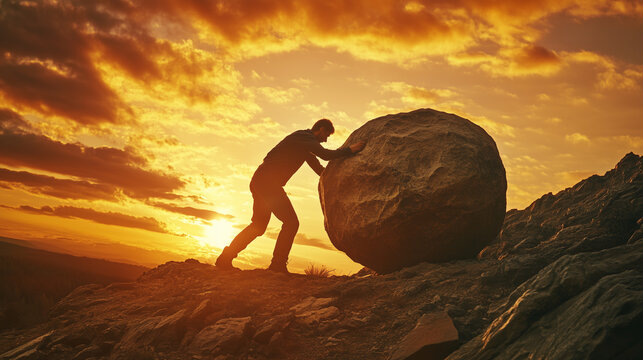 Man rolls a boulder up a hill - concept of perseverance in pursuing the goal
