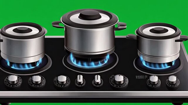 Cooking Delight: Three stainless steel pots simmer atop a modern stove with glowing blue flames. A visual ode to culinary artistry, capturing the essence of cooking.
