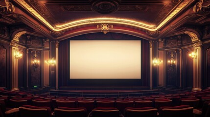 Classic-style cinema with a wide blank screen, vintage red seats, and golden interior lighting, ready for movie mockups