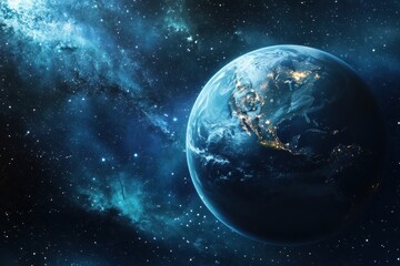 Obraz premium Earth illuminated by city lights against a starry cosmic backdrop at night