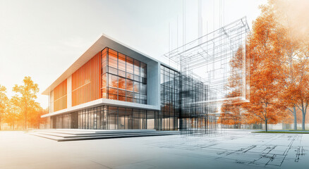 Obraz premium The contemporary building stands prominently, surrounded by autumn trees, highlighting a harmonious blend of nature and modern architecture