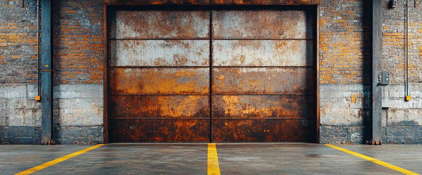 Close-up of a rusty garage door with yellow parking lines on the ground in an industrial warehouse. Represents urban decay, grunge, and industrial design.