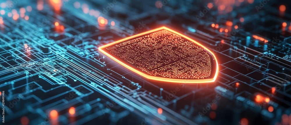 Poster digital shield icon glowing on a circuit board background, representing cybersecurity and data prote