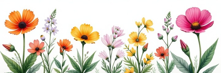 A beautiful set of hand-painted wildflowers in various sizes and colors, garden, floral, watercolor