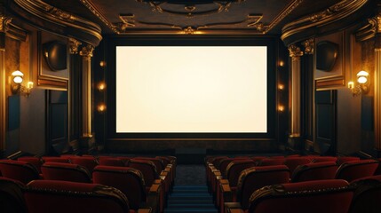 Fototapeta premium Classic-style cinema with a wide blank screen, vintage red seats, and golden interior lighting, ready for movie mockups