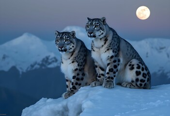 Obraz premium Moonlit Majesty – Two Snow Leopards Resting on an Icy Peak at Dusk