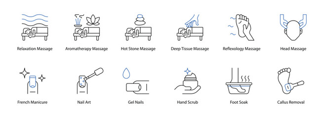 Spa and Nail Care Icons, Complete Range of Massages and Manicures