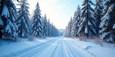 Fototapeta premium Wide open space of snowy forest road in the distance, serene, trees, landscape