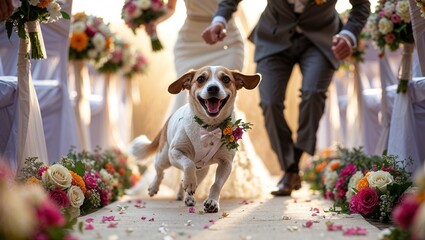 A playful dog in a floral collar runs joyfully down a charming wedding aisle filled with colorful bouquets. Guests cheer as the couple prepares for their vows