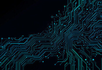 A blue and green image of a circuit with many lines and dots. Concept of complexity and technology
