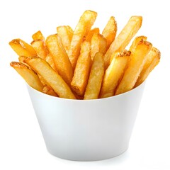 A white paper cone overflowing with delicious golden french fries