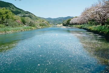 A serene river bordered by flowering cherry trees, their petals floating on the surface