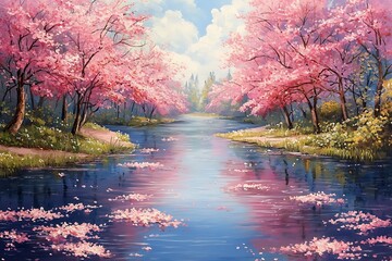 A serene river bordered by flowering cherry trees, their petals floating on the surface