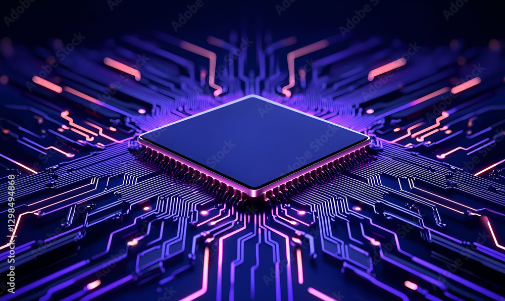 Poster abstract circuit board with processor in neon colors and glow