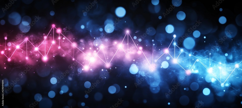 Poster abstract digital waveform on dark blurred background with glowing lines, nodes, and bokeh effect.