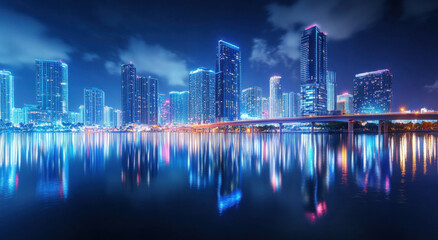 Obraz premium A stunning panoramic view showcases a city skyline at night, featuring glowing buildings and their reflections on the tranquil water