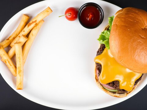 A chessburger, complete with a toasted bun, juicy patty, melted cheese, fresh lettuce, and red tomato, sits on a white plate on a sleek black background, snack, black background