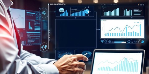 A businessman working on a digital tablet, with virtual interface screens showing graphs and data analysis, symbolizing digital transformation in business, screens, digitization